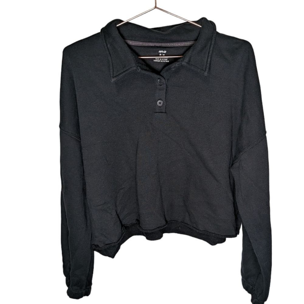 Aerie Sweatshirt Womens Medium Black Button Collared Cropped Pullover Sweater M